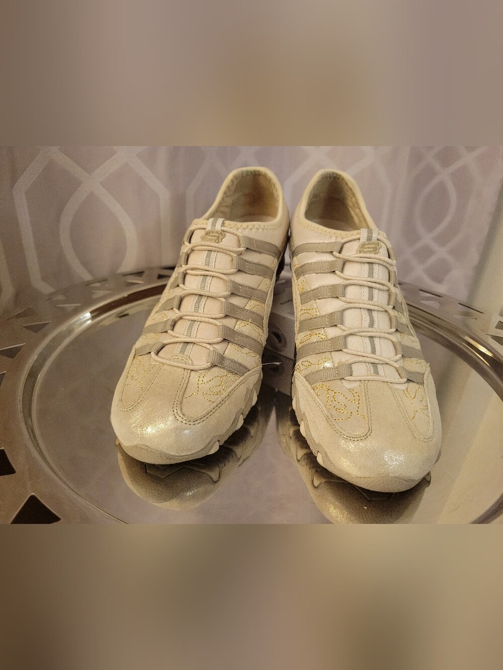 EUC Skechers Mettalic GOLD and Cream Sneakers